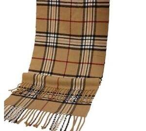 Ying Xiong Tan Plaid Check Scarf with Fringe. New Still in Wrapper.